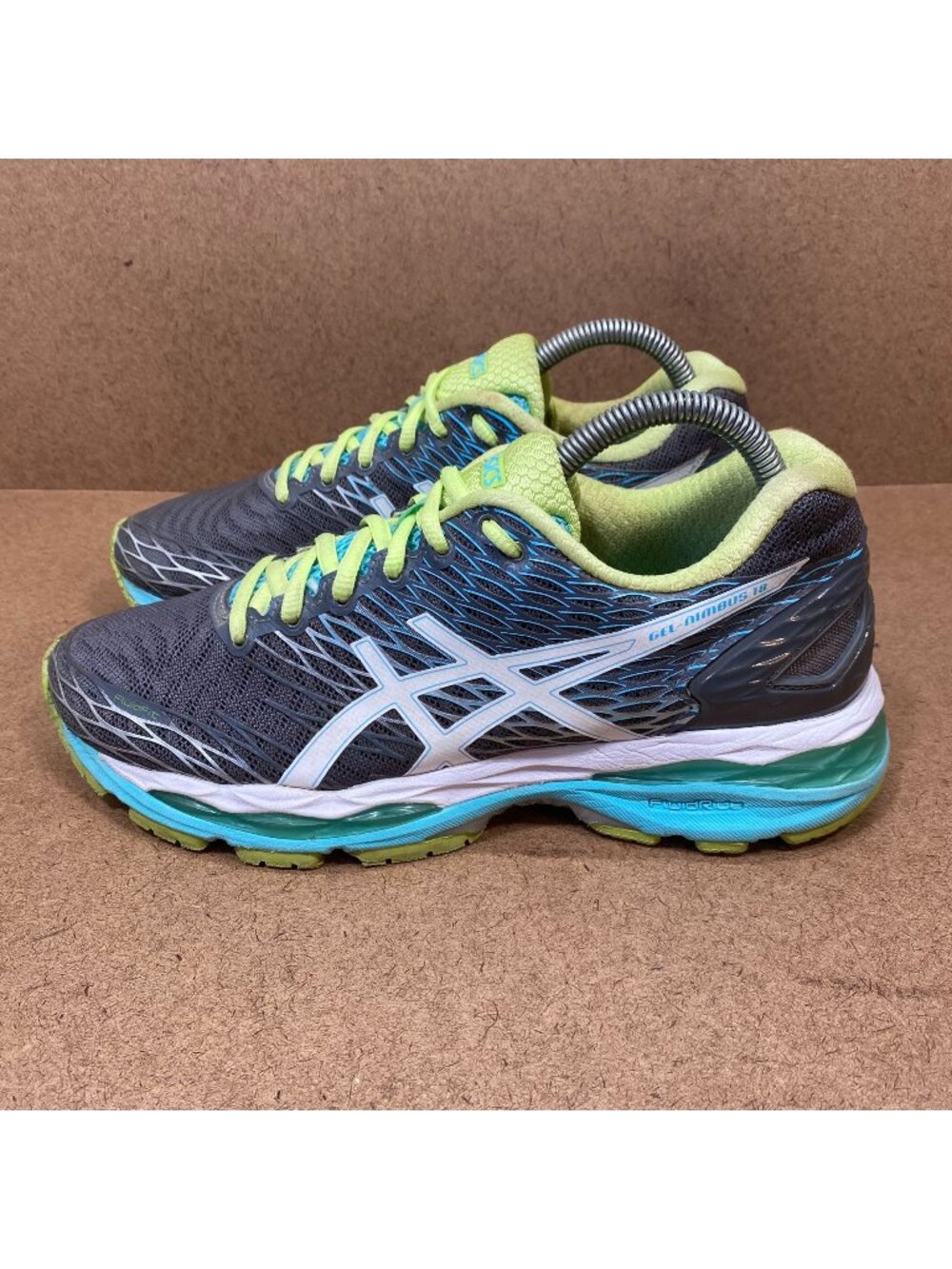Asics Gel-Nimbus 18 Running Shoes Womens Size 8.5 Gray/Green/Blue Lightweight